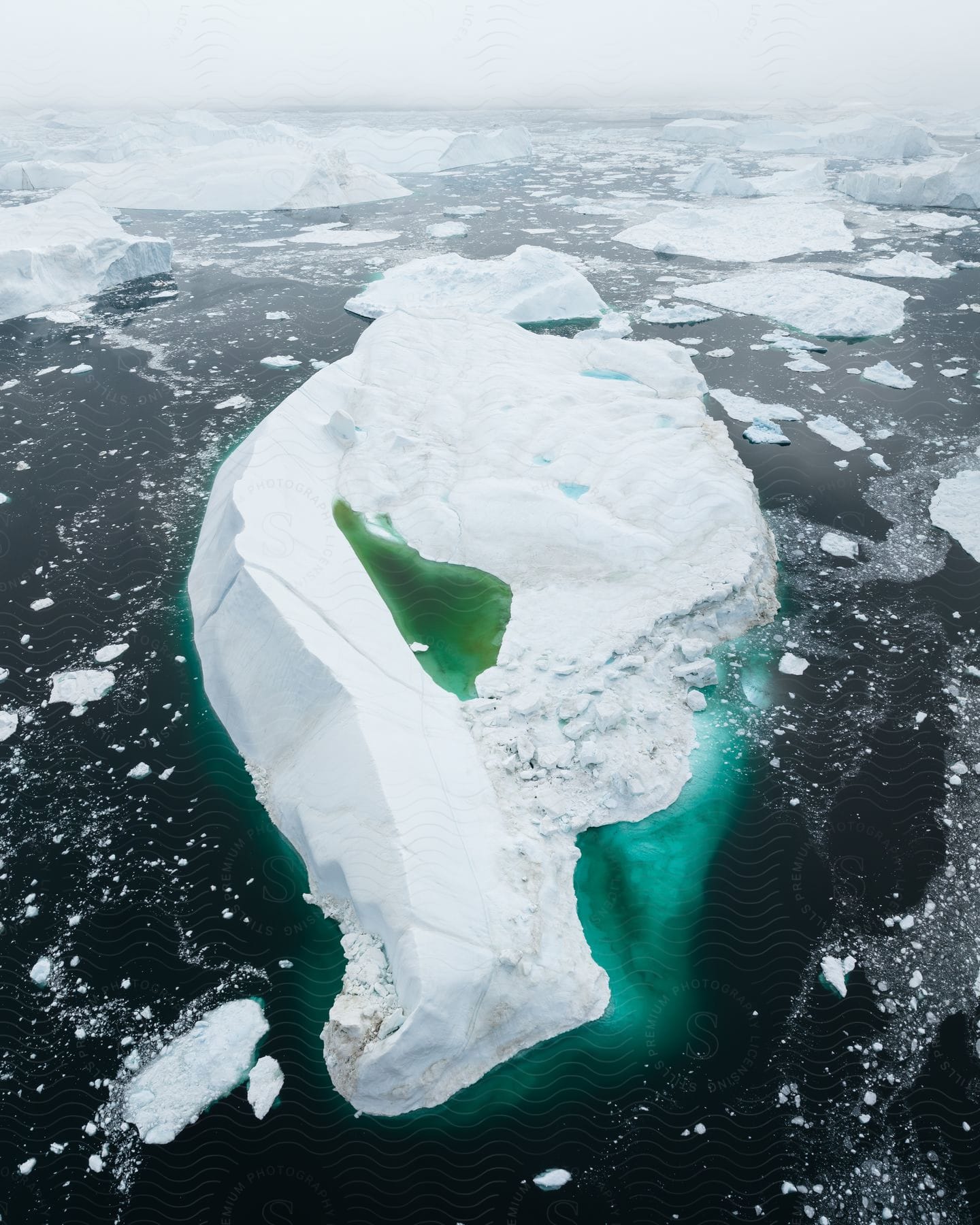 An iceberg, surrounded by ice chunks and a green patch of water below, floats in the ocean.