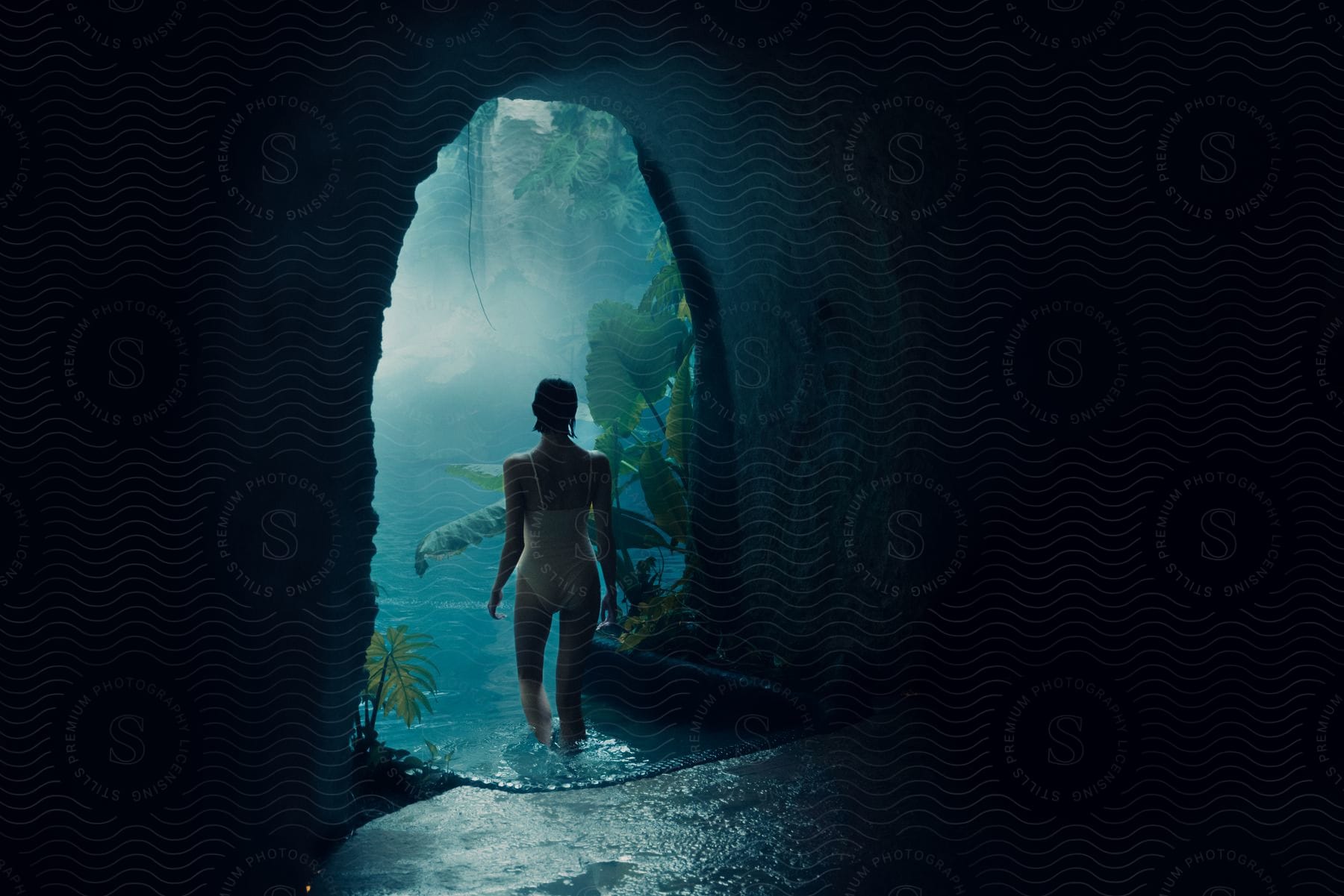 A woman walking out into water in a tropical destination
