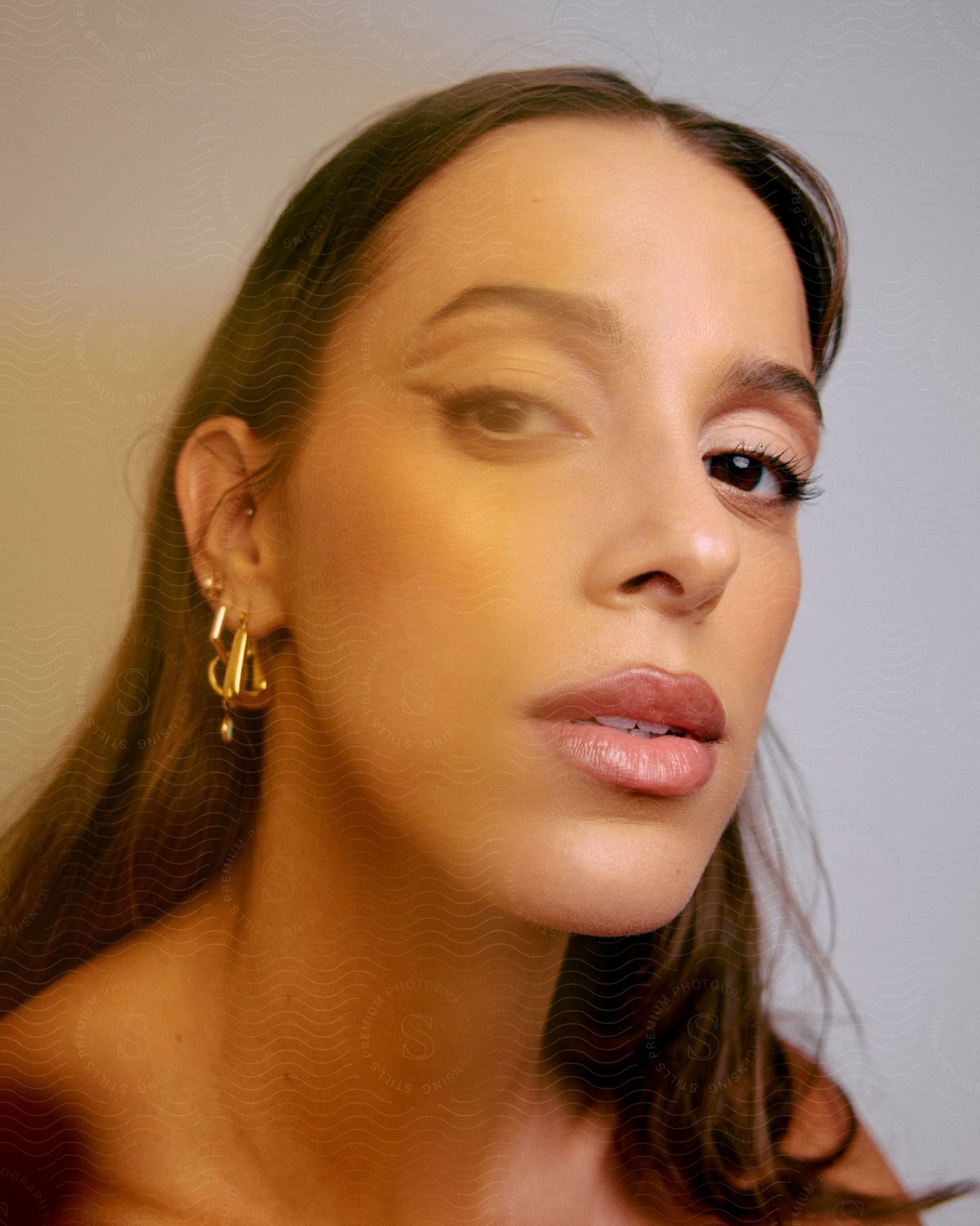 Portrait of a brown haired woman with gold earrings.
