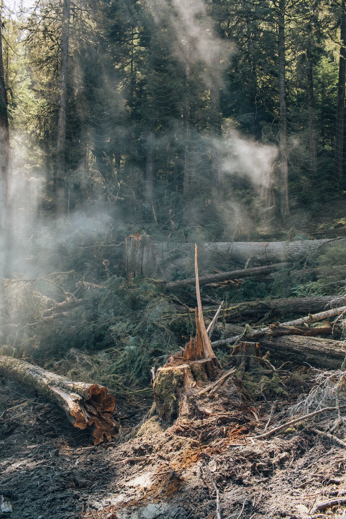 Fallen trees lie on the ground near a cut tree stump as sunlight shines on smoke filling the woods