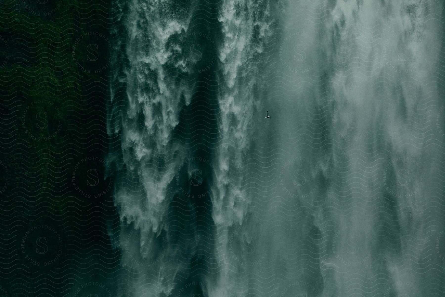 A bird soars through the mist of a cascading waterfall.