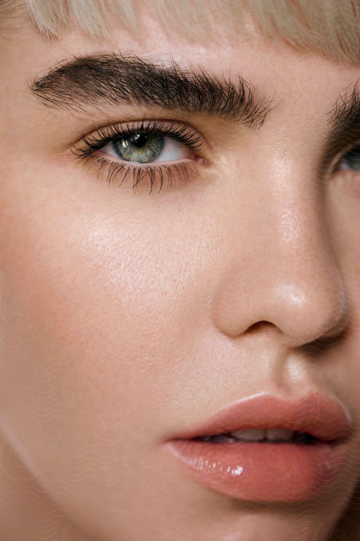 Stock photo of a model with dark bushy brows and platinum hair looks straight ahead