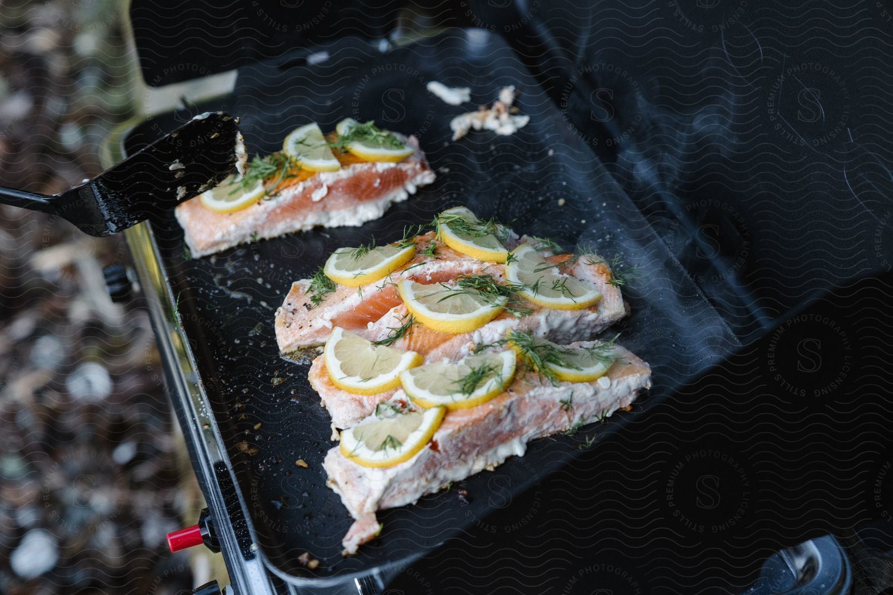 Lemon slices are on fish on the grill for a cook out