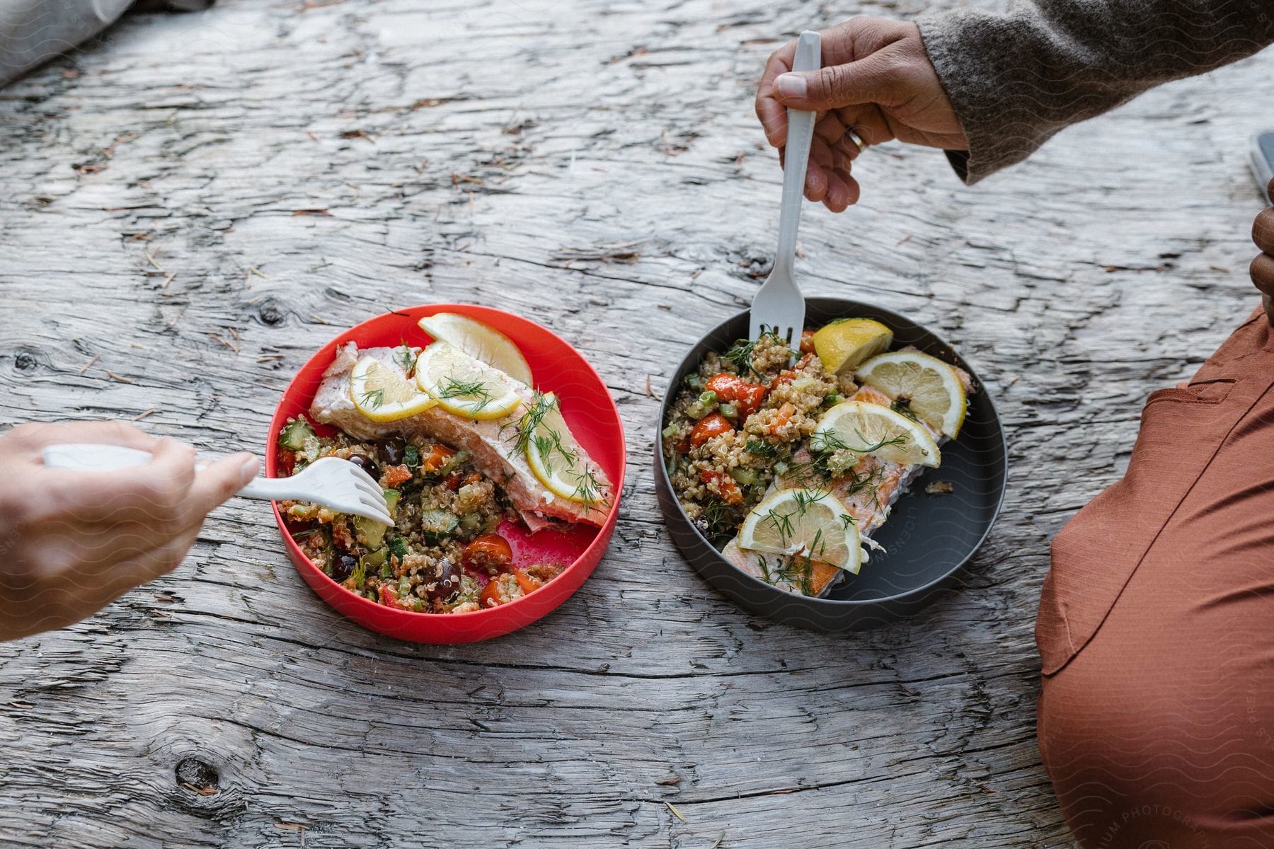 Two people eating meals in different plates with forks at mid-day