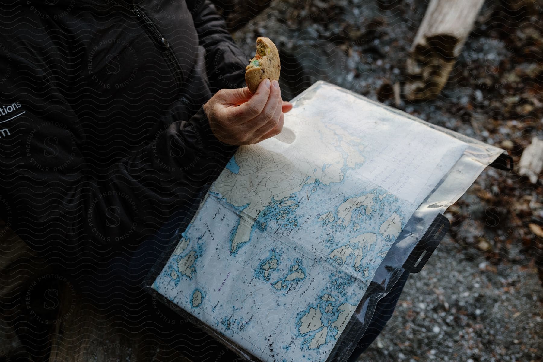 A person sitting, holding an atlas in one hand and a sweet cookie in the other.