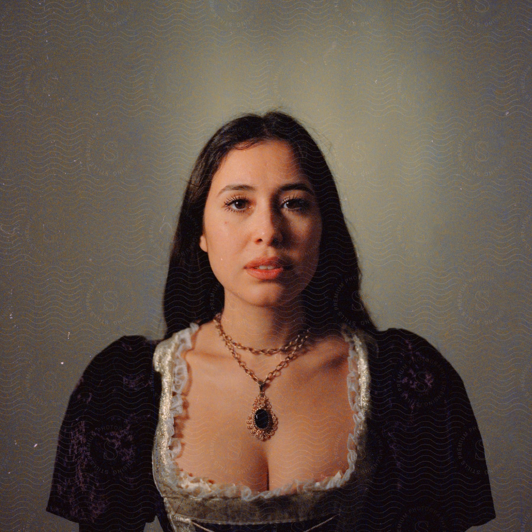 A portrait of a woman in a photography studio with a grey background.