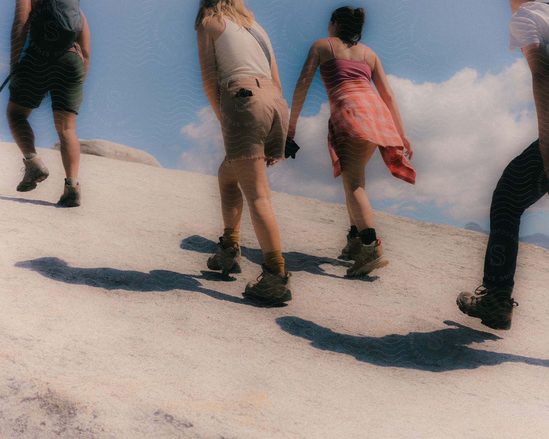 Four people are hiking with their boots and on.