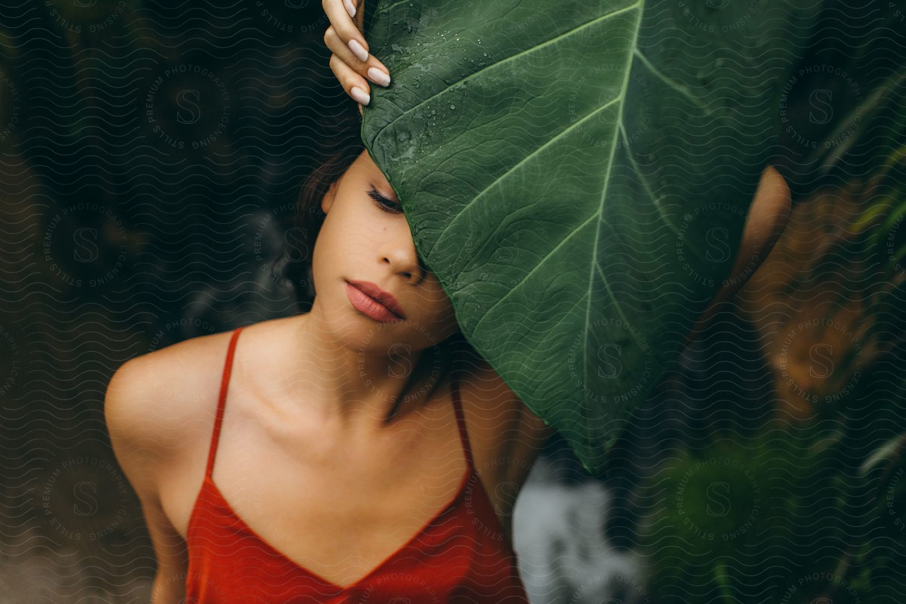 A woman in a red dress poses for the camera with her face half-hidden behind a big green leaf in the forest.