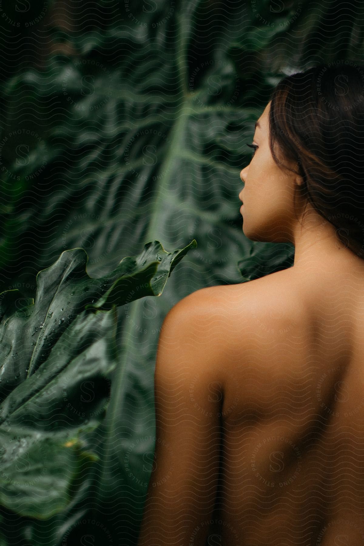 A women is standing with her naked back facing away from the camera staring off into the distance with a reflective look on her face.