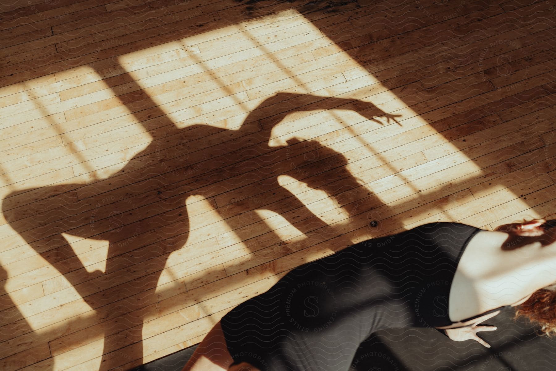 A woman balances herself in a yoga pose while her shadow is cast upon the wooden floor.