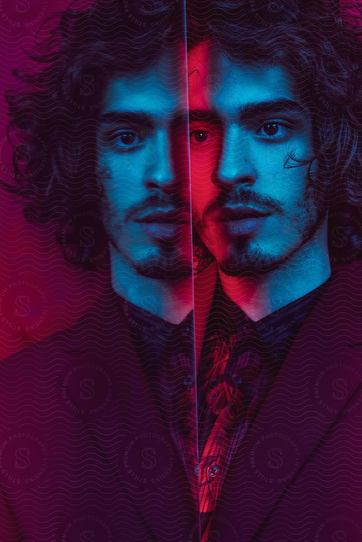 A Man With Dark Long Hair Has A Mirrored Side Profile Of His Face With A Color Contrast Or Red Present