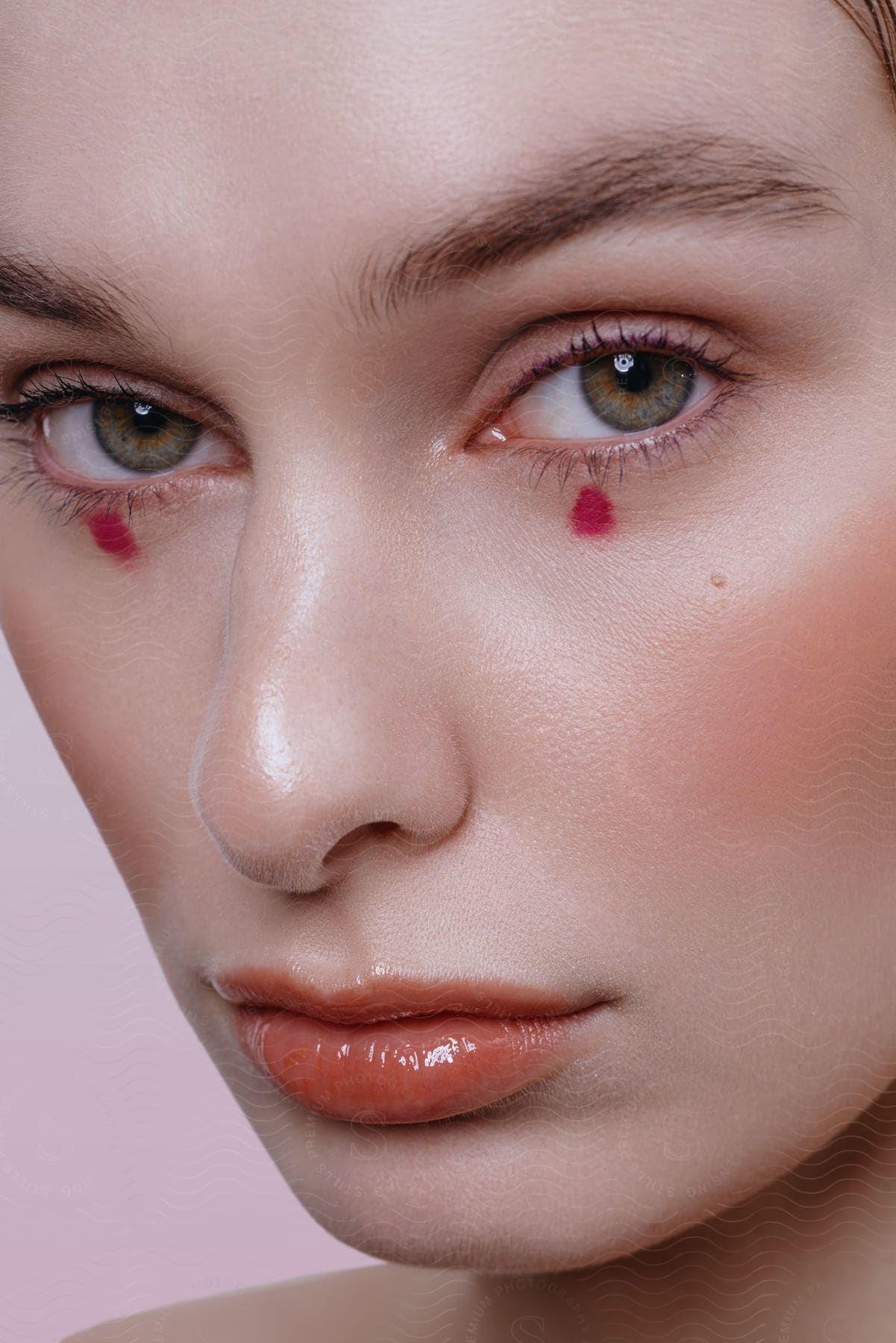 A woman has red eyeliner placed under the middle of her eye that looks similar to a tear drop.