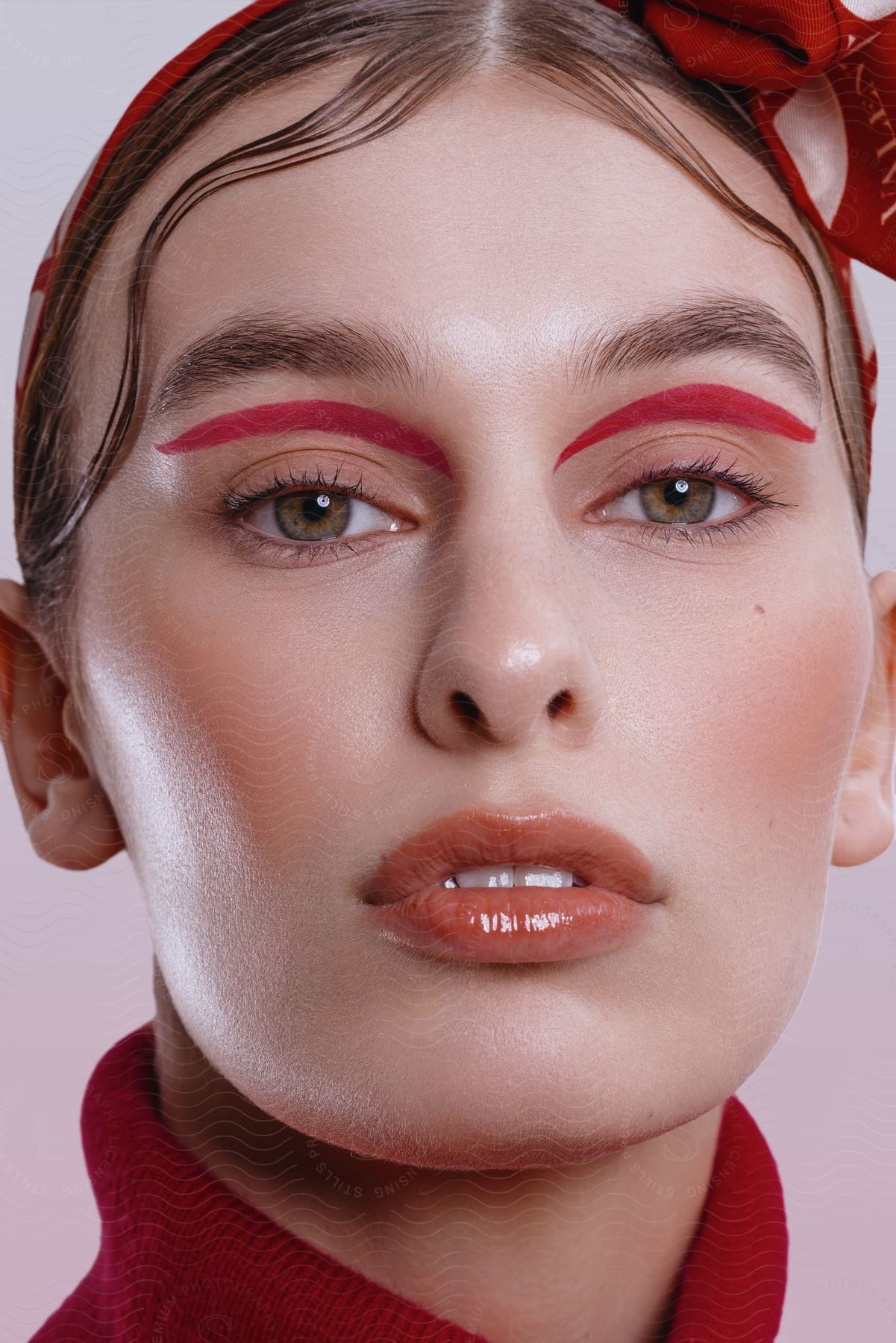 A woman with full red makeup and a bow on her head poses seriously for the camera, her bangs parted in half and pushed to each side.