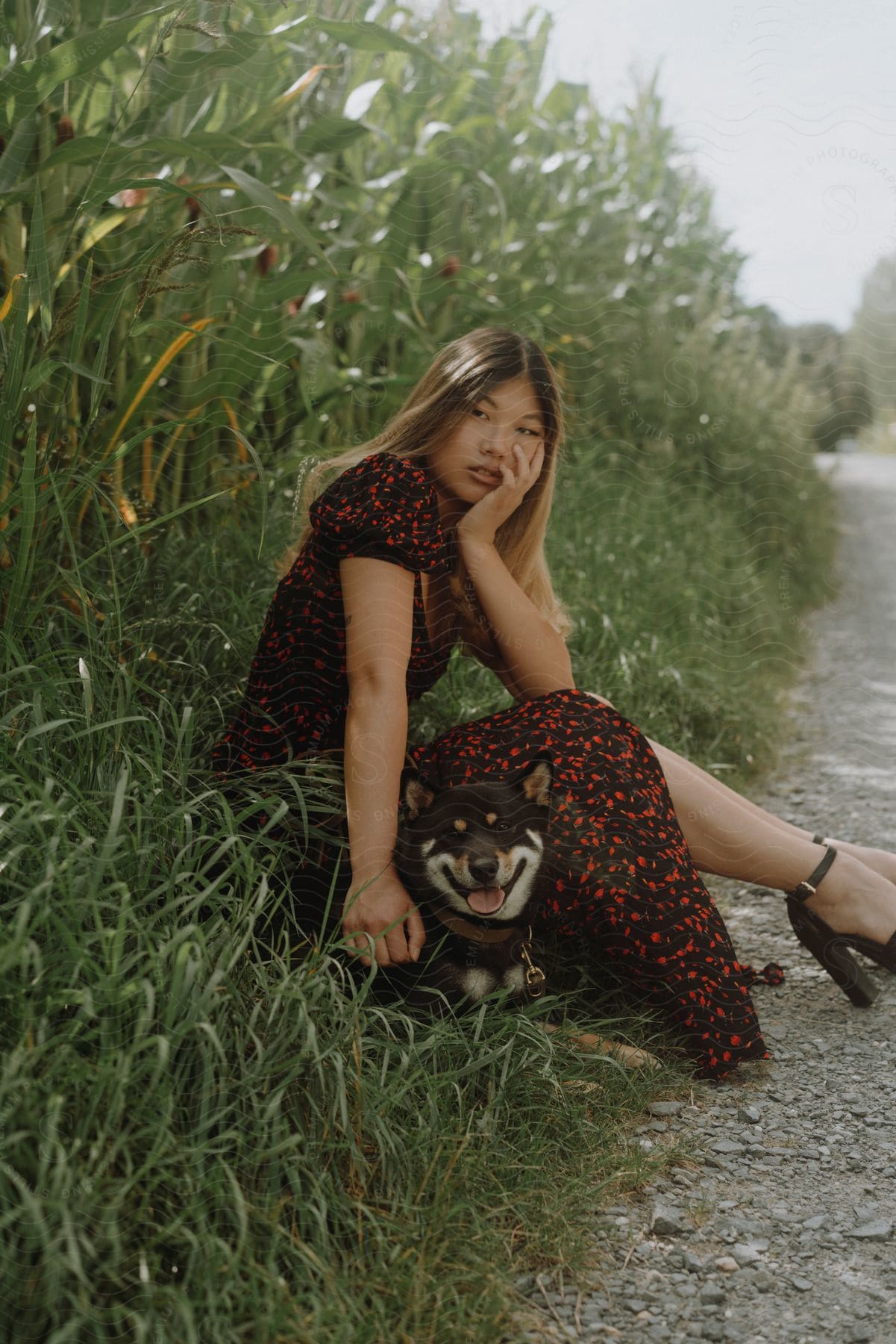 A lady is sitting on parts of a very long path of shrubs with a dog on her side.