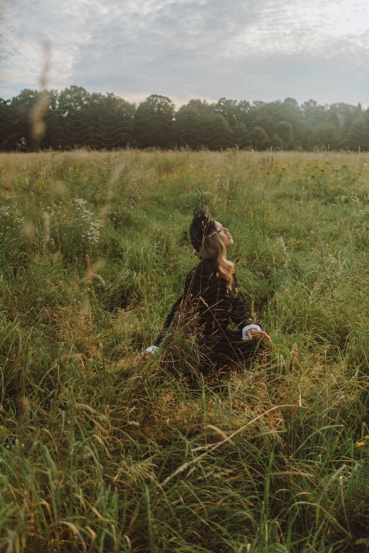 A woman is sitting in a country field of tall grass and flowers with trees in the distance