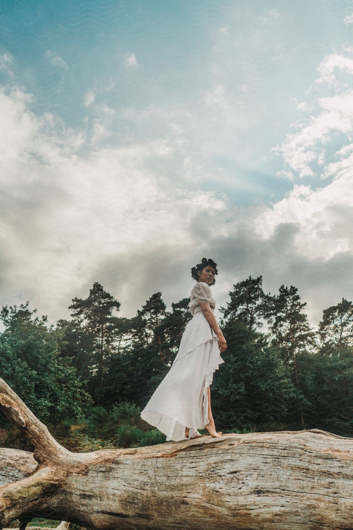 A lady in white dress is posing behind the fallen tree trunk with her left side facing shrubs and trees.