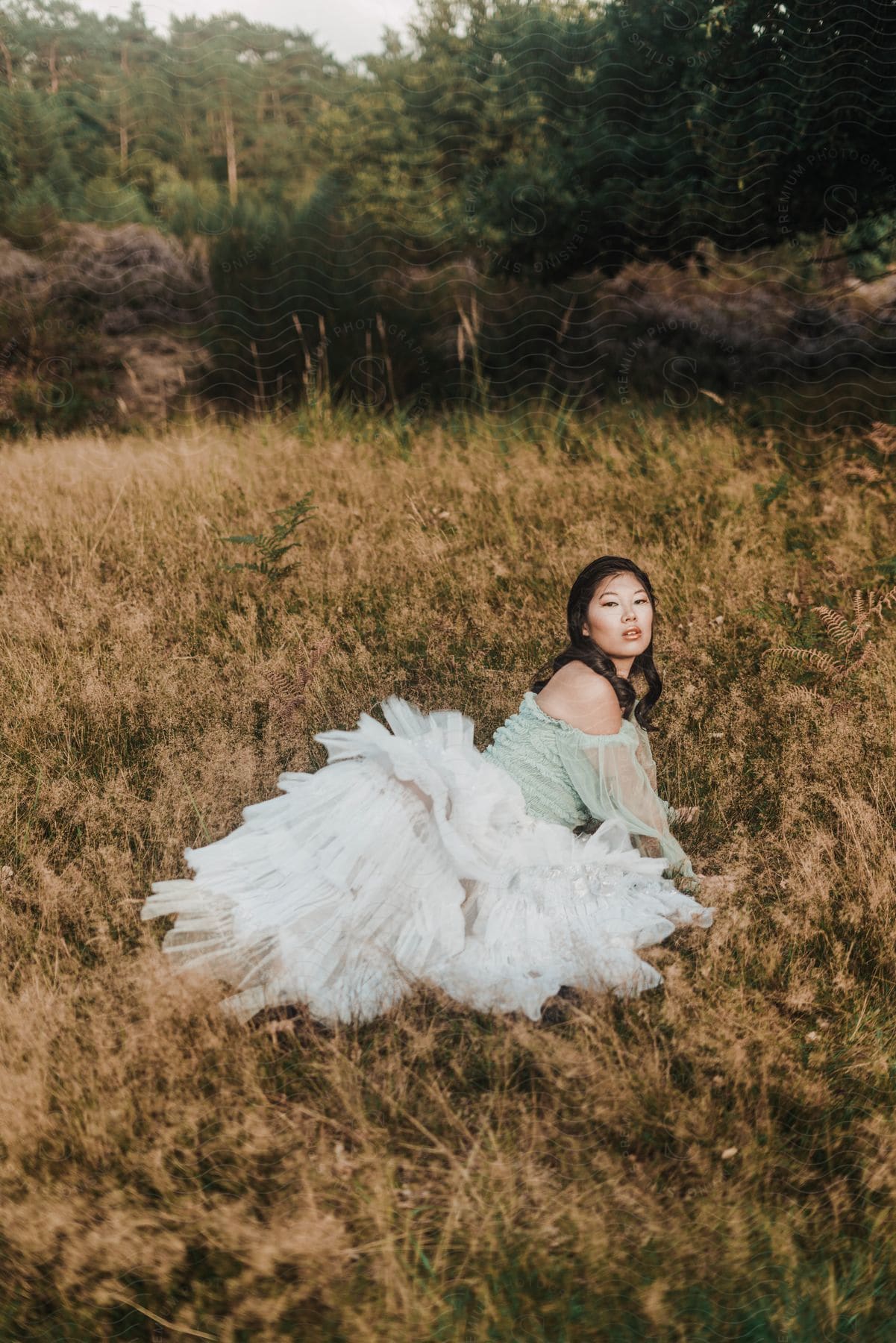 A woman lying in the brown grass modeling a multi layered tulle gown