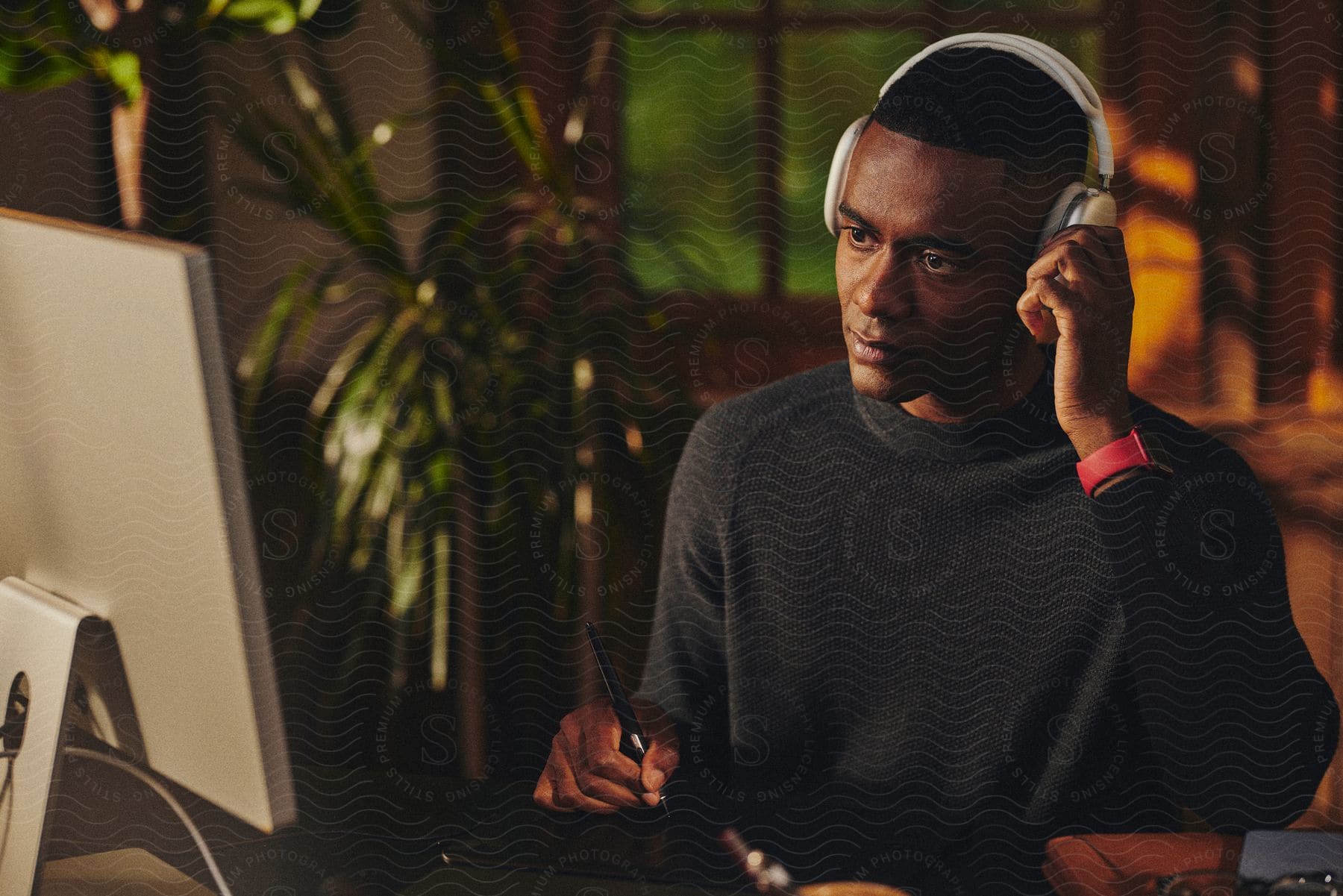 A man in a home office, wearing a black sweater and headphones, writes with a pen while looking at his computer screen.