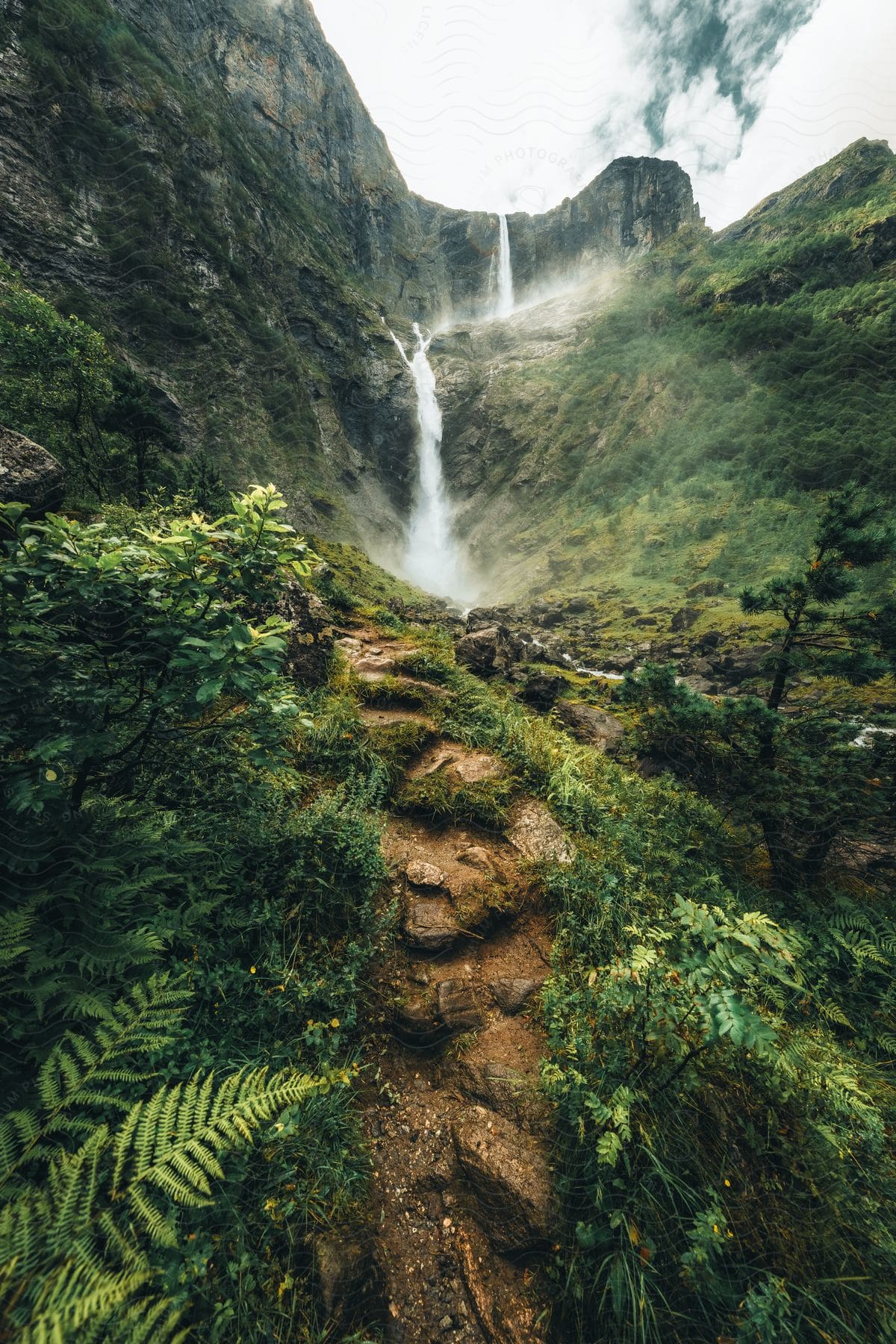 a waterfall cascades down the side of a tropical cliff