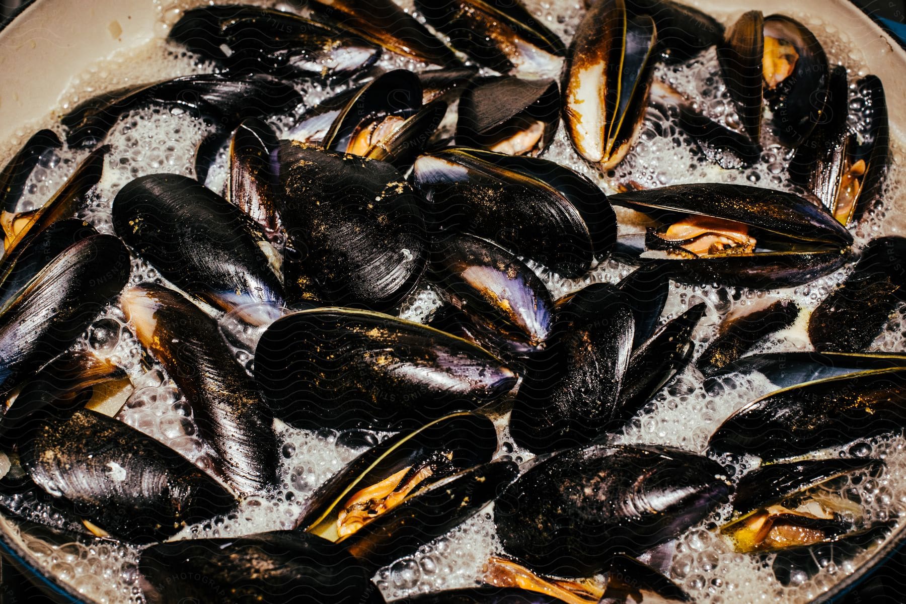 Stock photo of a pan of mussels simmering in their own juices.