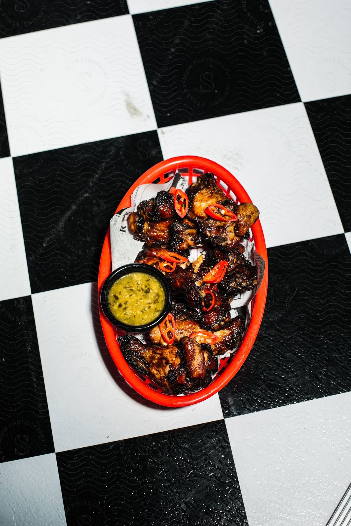 Grilled chicken pieces presented in a red basket