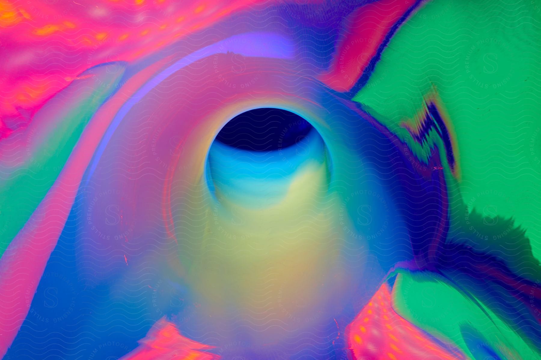 An open tunnel is in the center of a fluorescent painted artwork