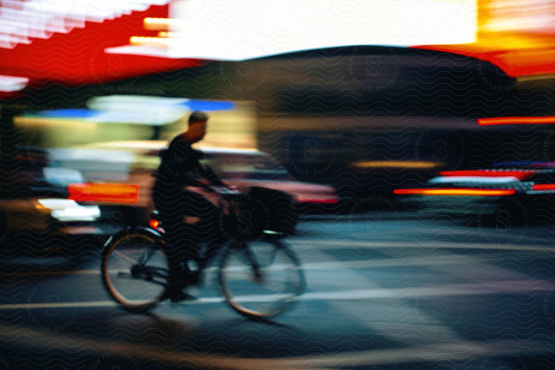 A blurry image of a man riding a bike down a city street.