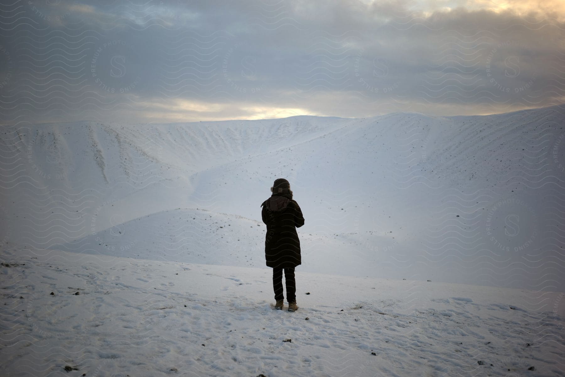 A person in cold weather clothing stands in the Arctic snow, leaving footprints behind, with a mountain in the background and clouds above.