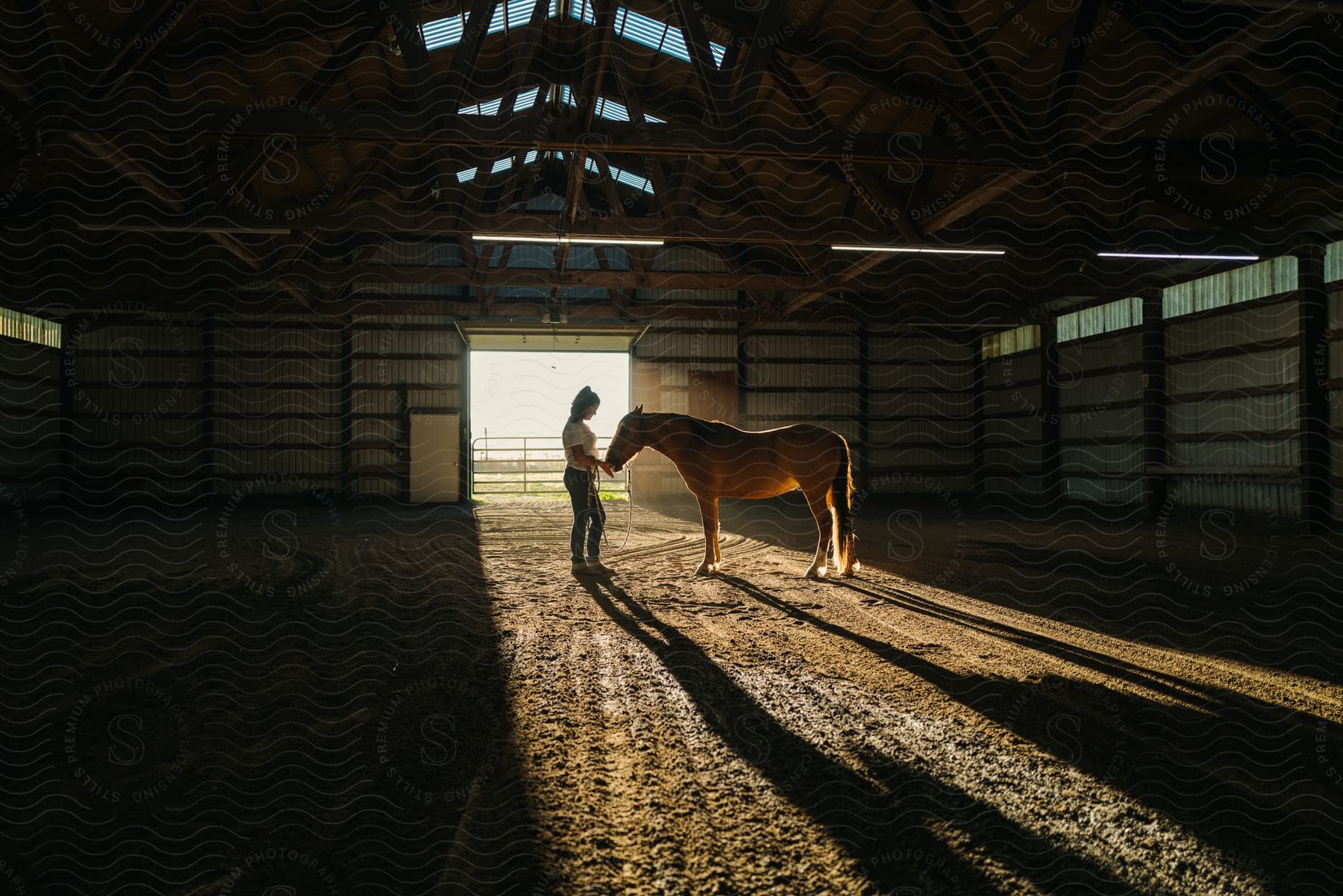 A woman is standing in a barn with her horse