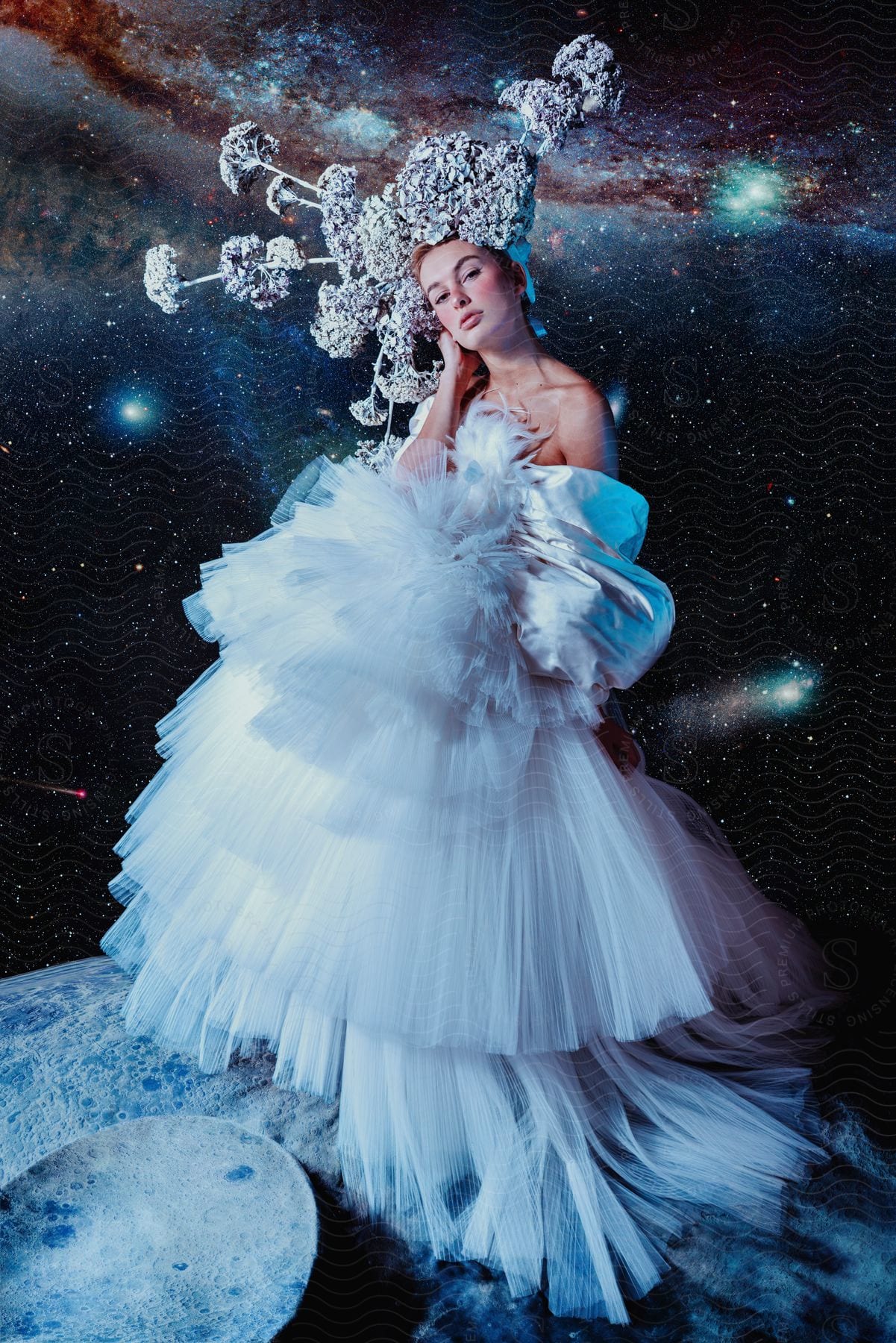 A woman wearing a fluffy white dress and an elaborate headdress of plants is standing on a planet with galaxies in the distance
