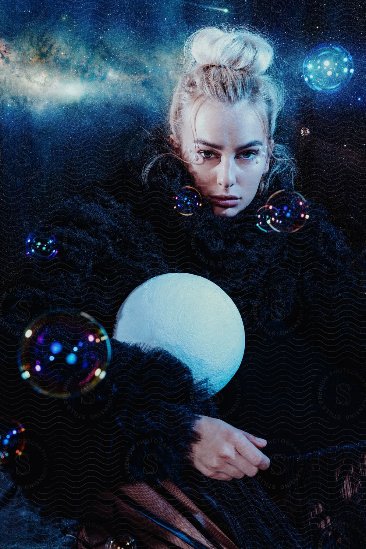 Elegant model with luxurious fur coat surrounded by soap bubbles