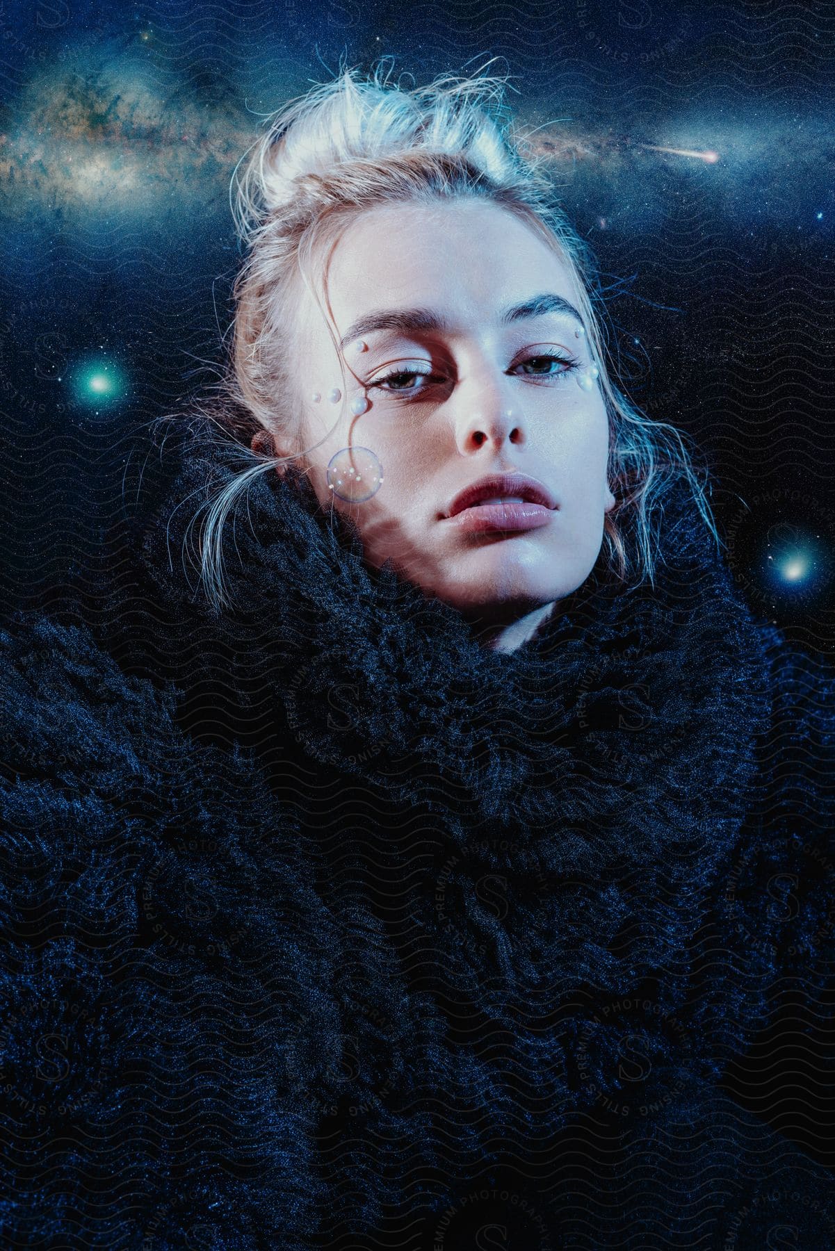 A woman in a luxurious black fur coat poses against a starry digital backdrop, her blonde hair flowing in the breeze.