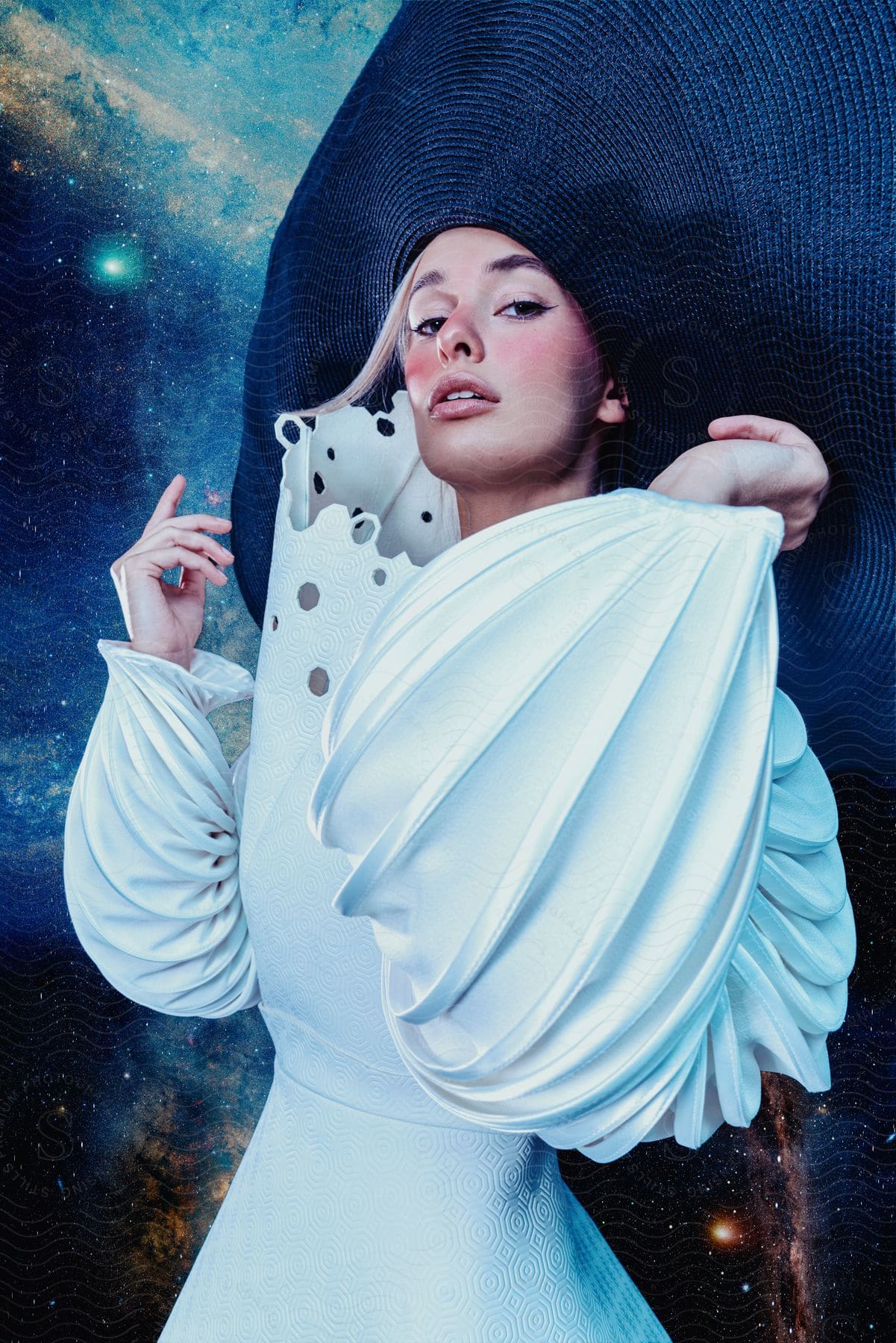 A woman modeling a white dress and large hat against a blue background.