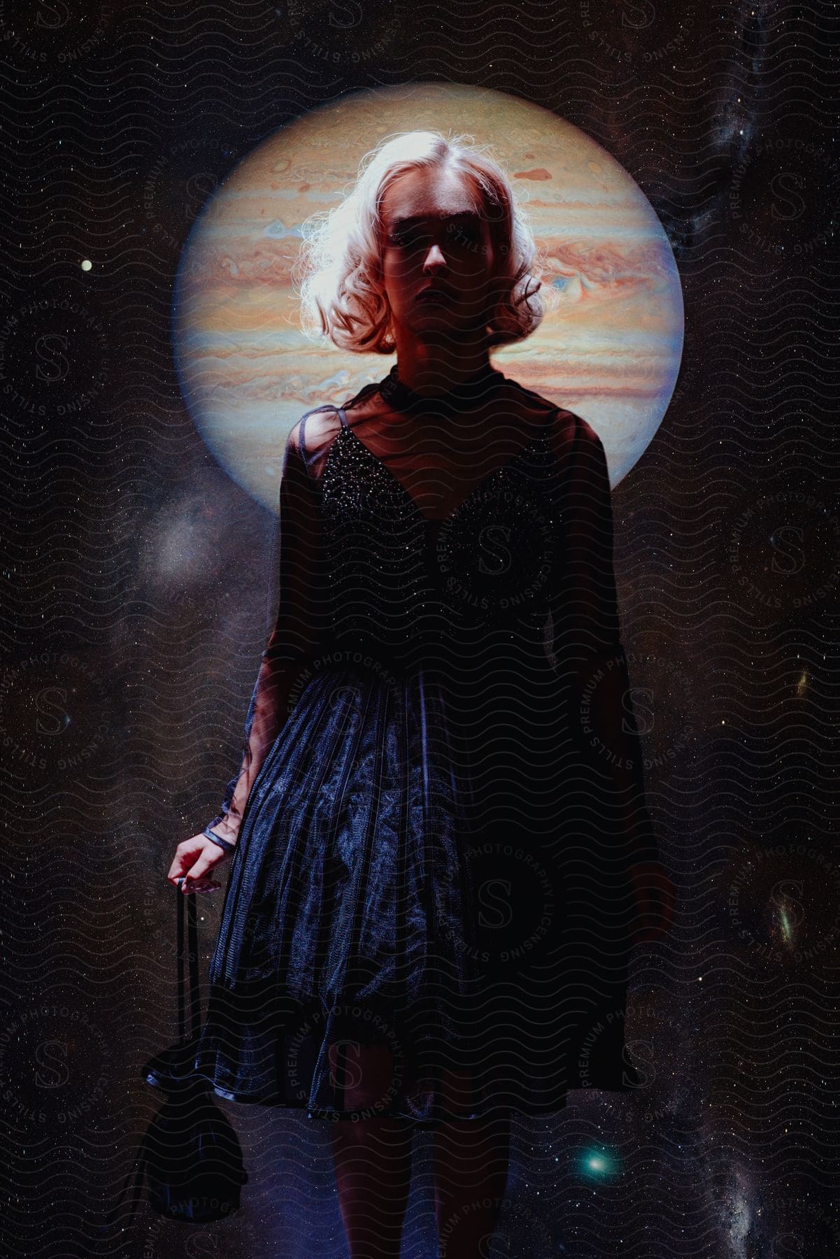 A woman in a blue dress stands in front of a black background with stars and a bright planet.