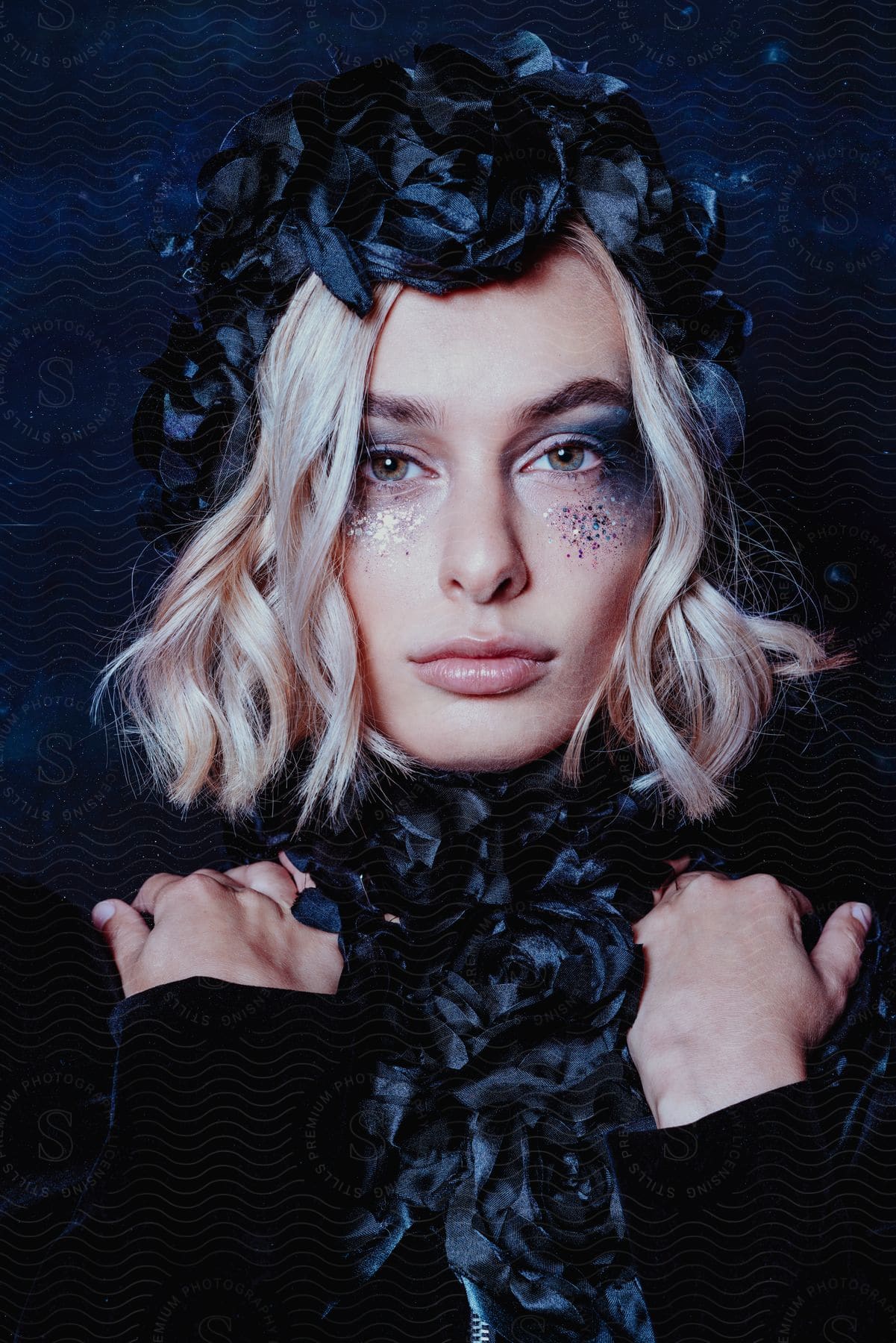 Woman modeling in frilly flower accessories with her hands on her shoulders and glitter under her eyes.