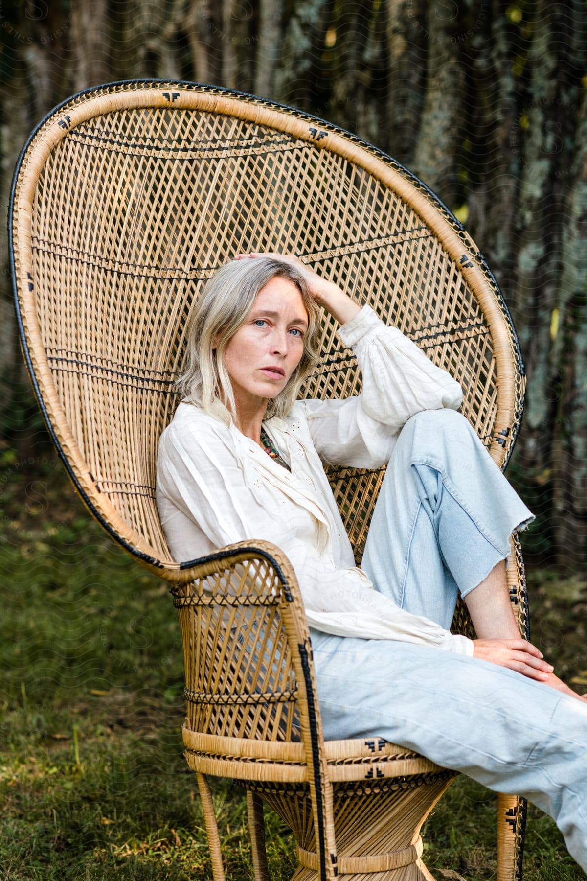 A blonde woman sits in a wicker chair with her elbow on her knee and hand on her head