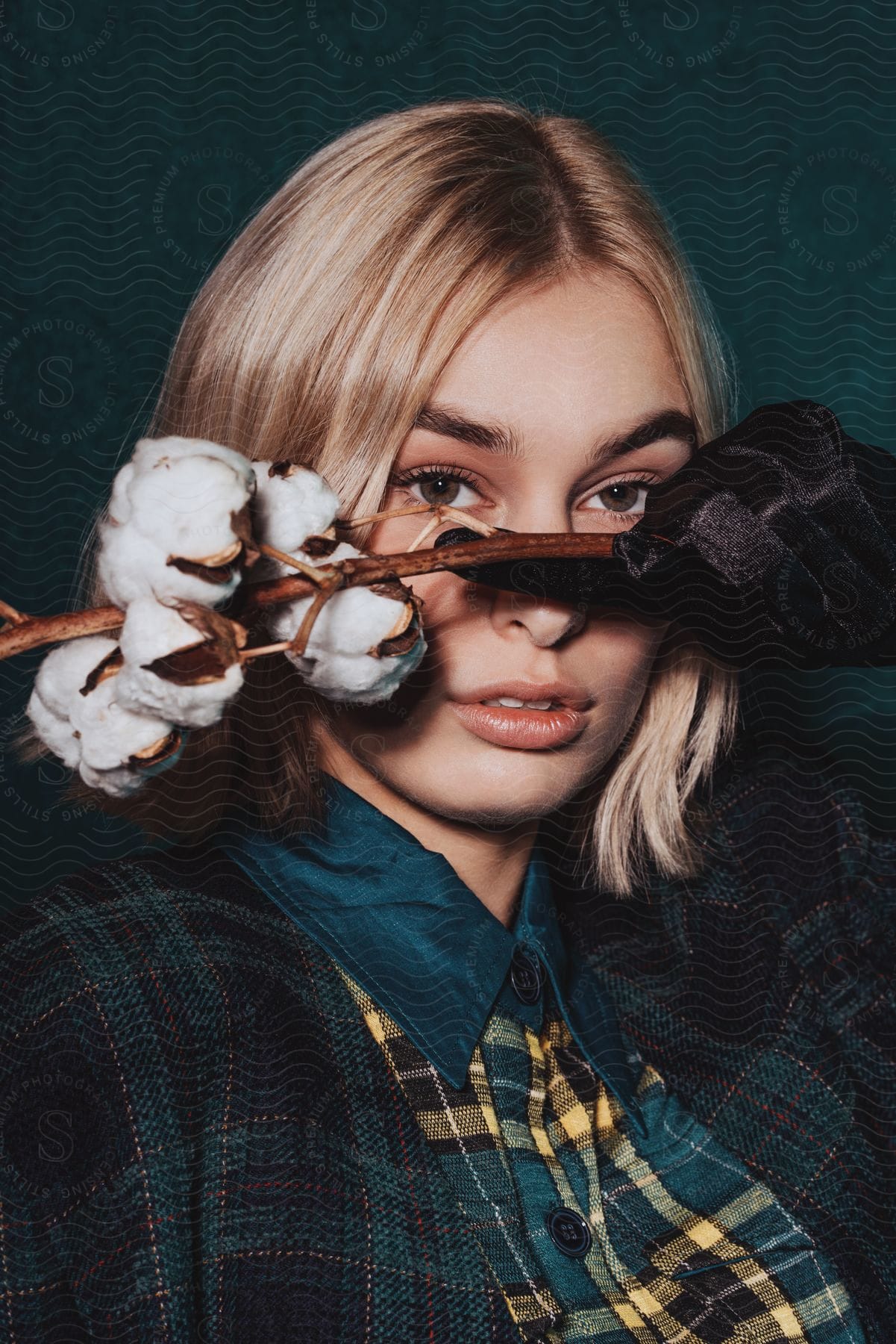 A blonde woman wearing a dark green blazer and shirt holds up a cotton plant parallel to her face