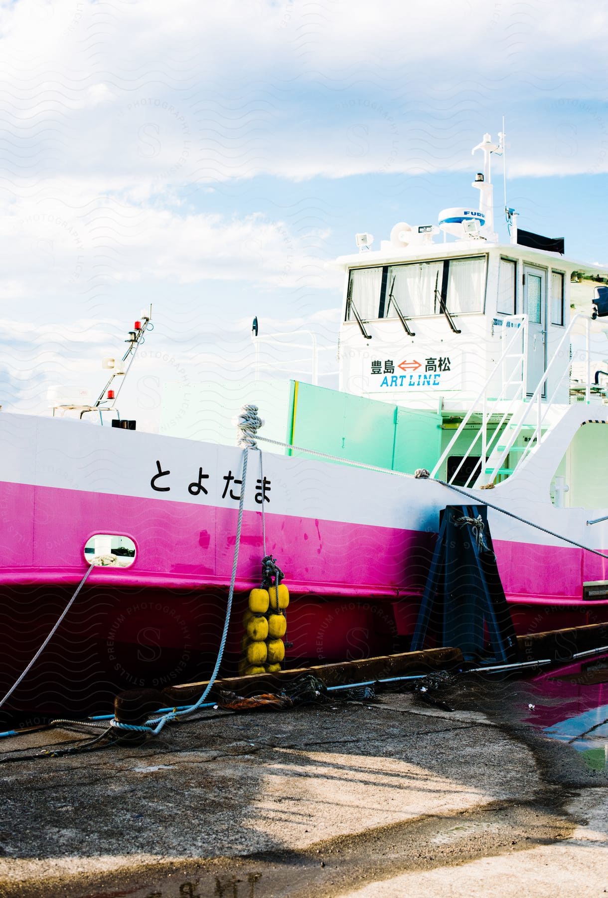 The pink and red Teshima Ferry "Toyotama" was docked at the pier.