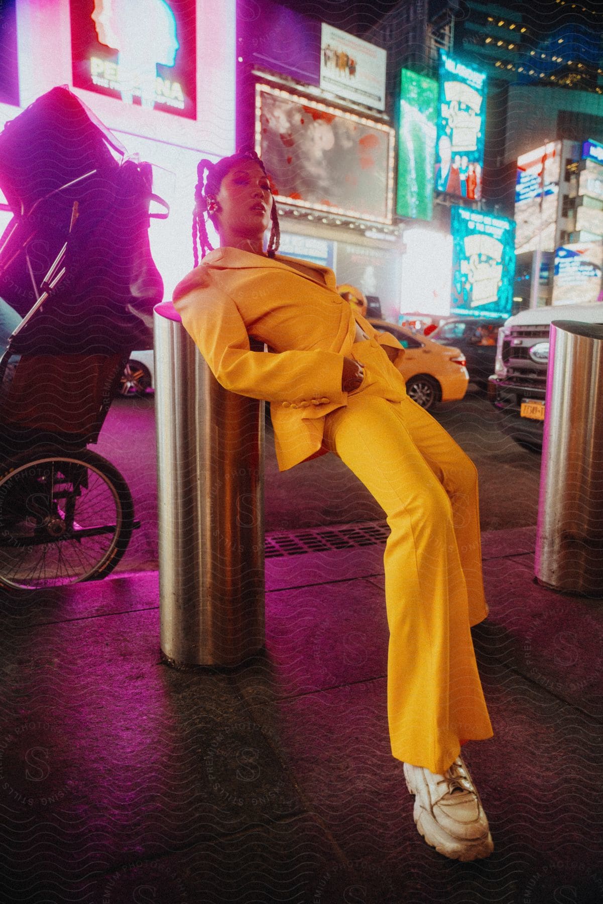 Model wearing yellow suit leans against short post near busy street at night.