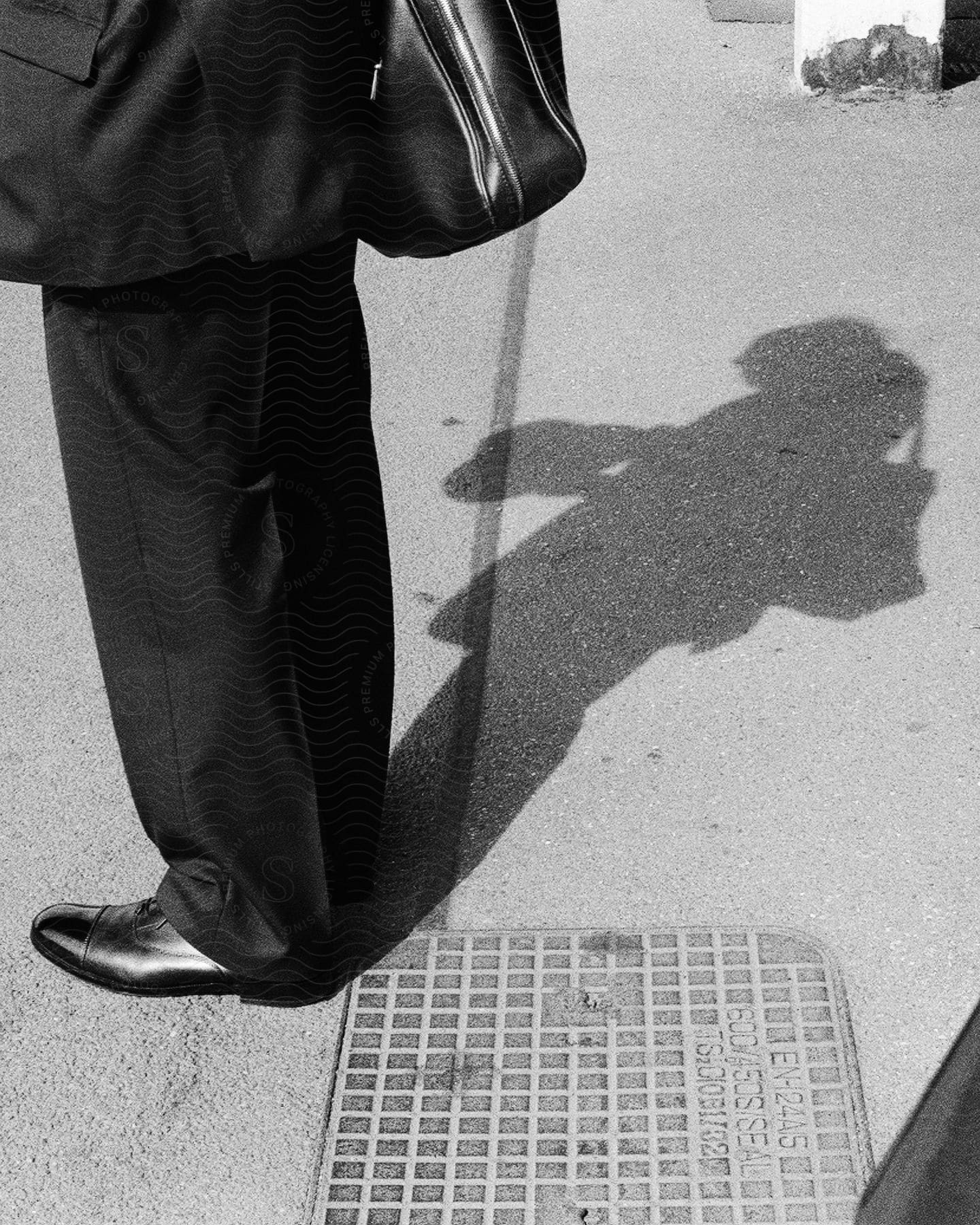 a man in a suit and tie standing on a sidewalk with a bag on his back and his shadow on the ground