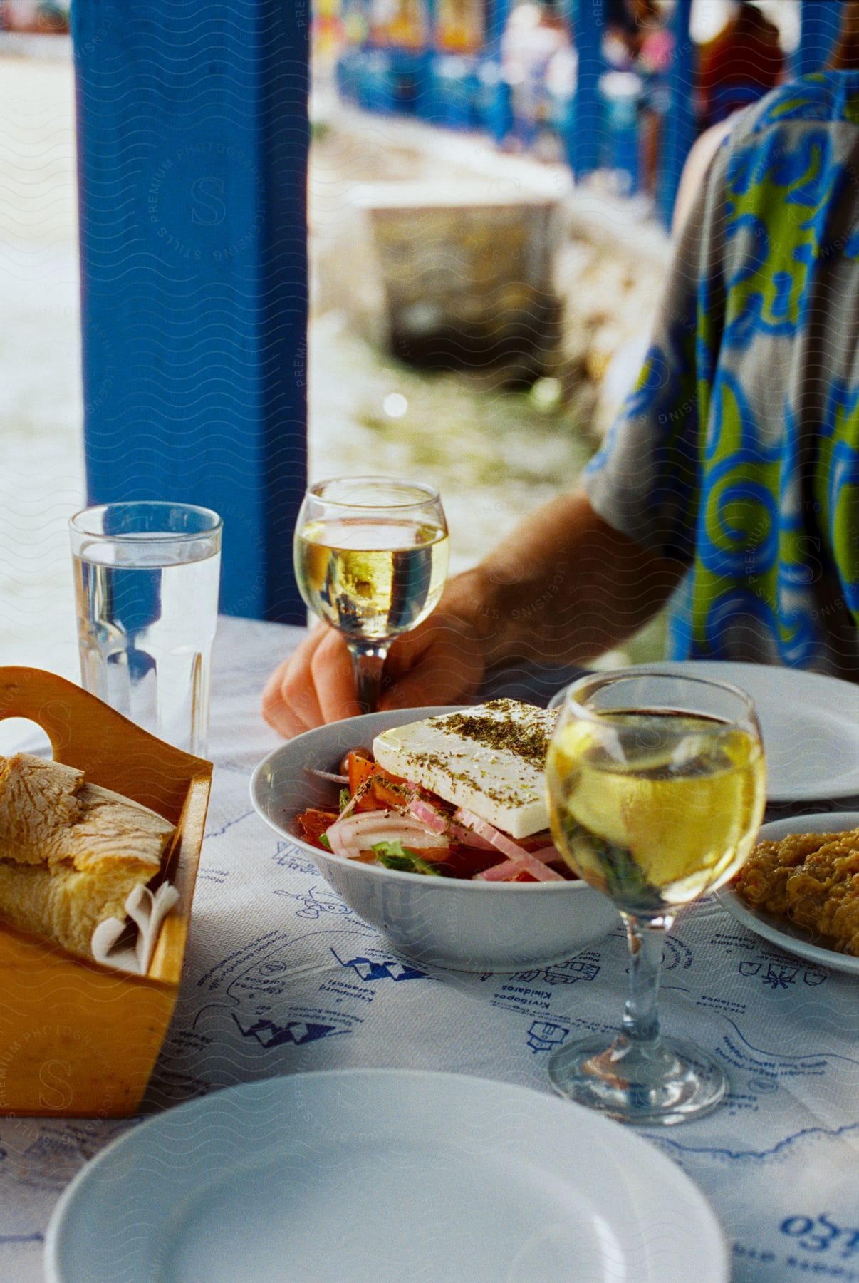 Meal and drinks on a beach restaurant table