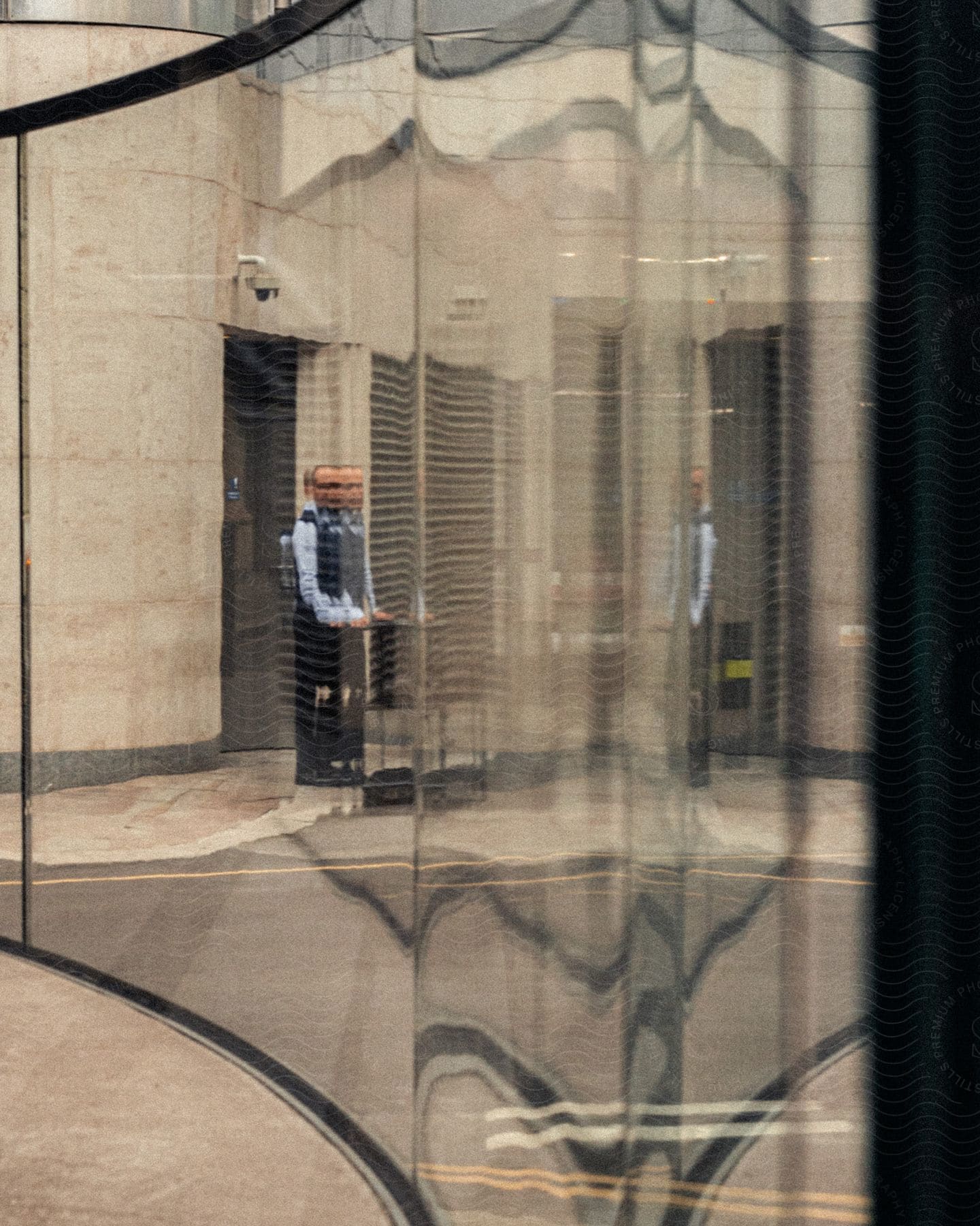 A blurry double view of a man standing outside of a building through curved glass