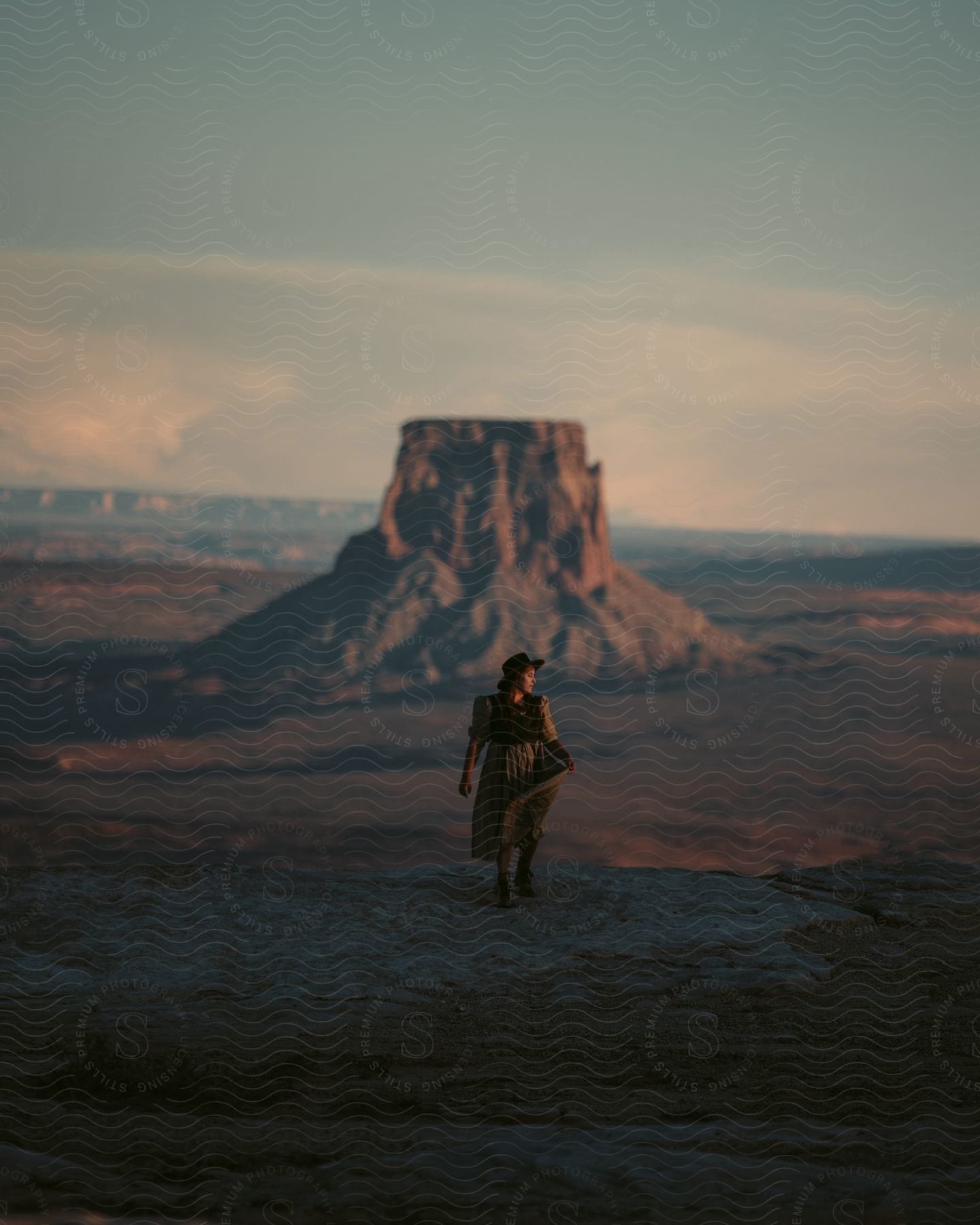 A woman in stylish clothes in the desert landscape.