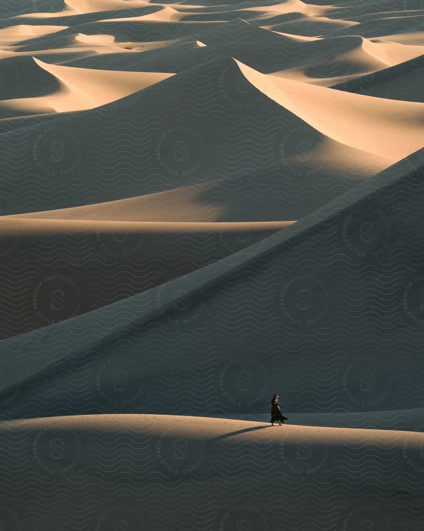 A woman wearing a long black dress walks across the desert dunes