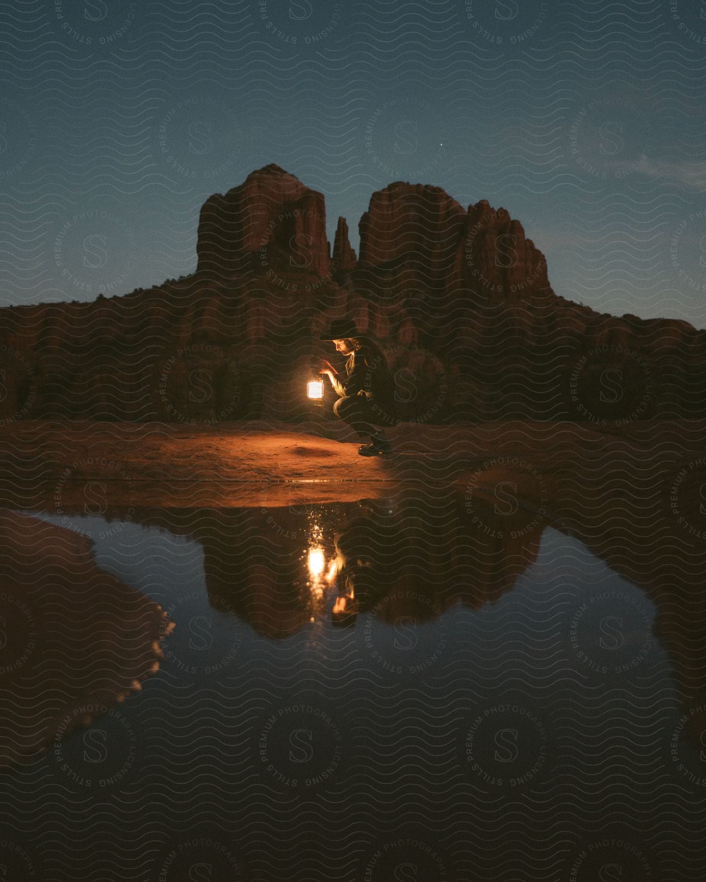 Woman wearing a hat kneeling down with a lantern near a lake and in front of a canyon