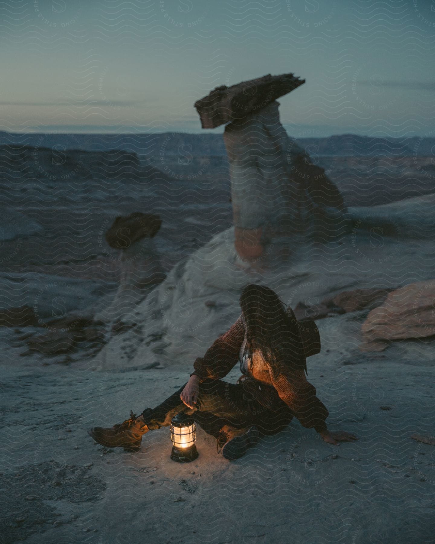 A woman is sitting on a mountainside with a lantern looking at rock formations and mountains in the distance