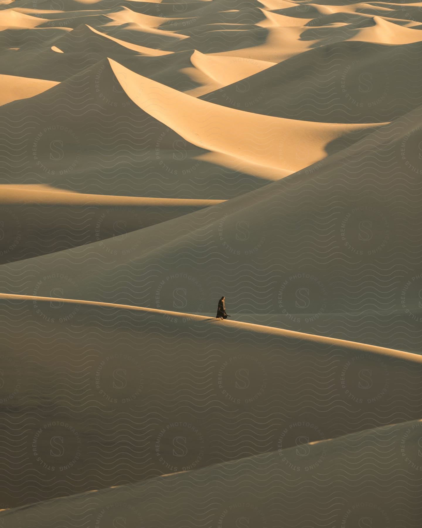 in the dry desert on a sunny day a person walks on the sand alone