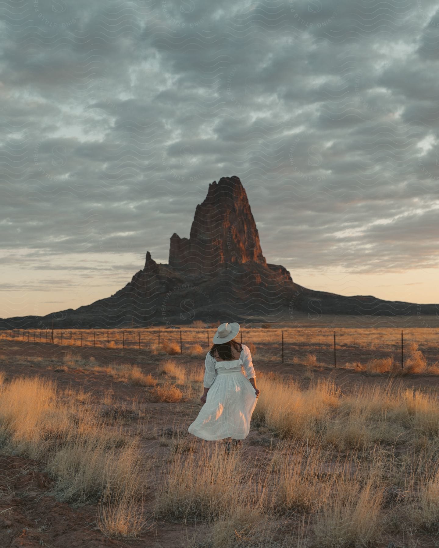 a woman talks toward a canyon in a flowy white dress