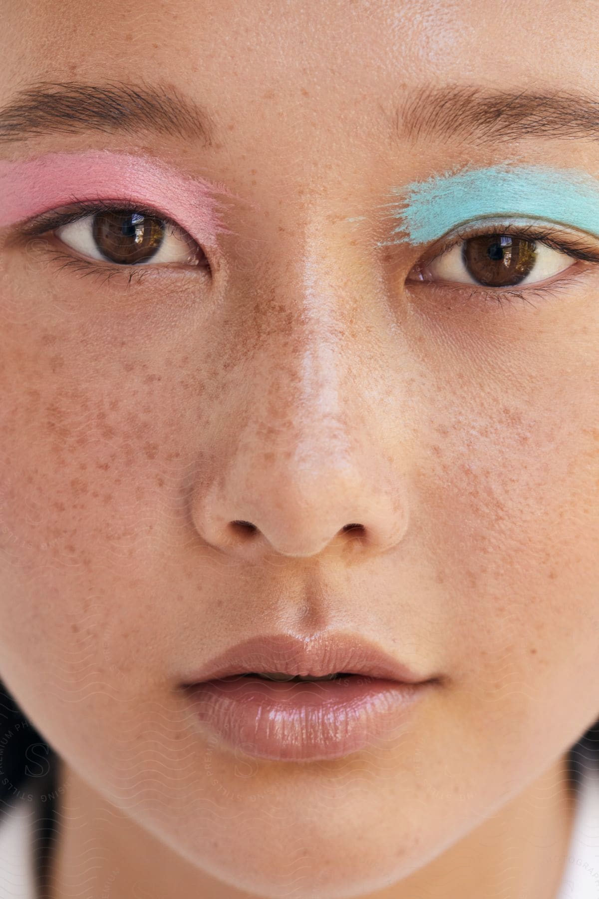 A freckled woman with blue and pink eyeshadow gazes into the camera.