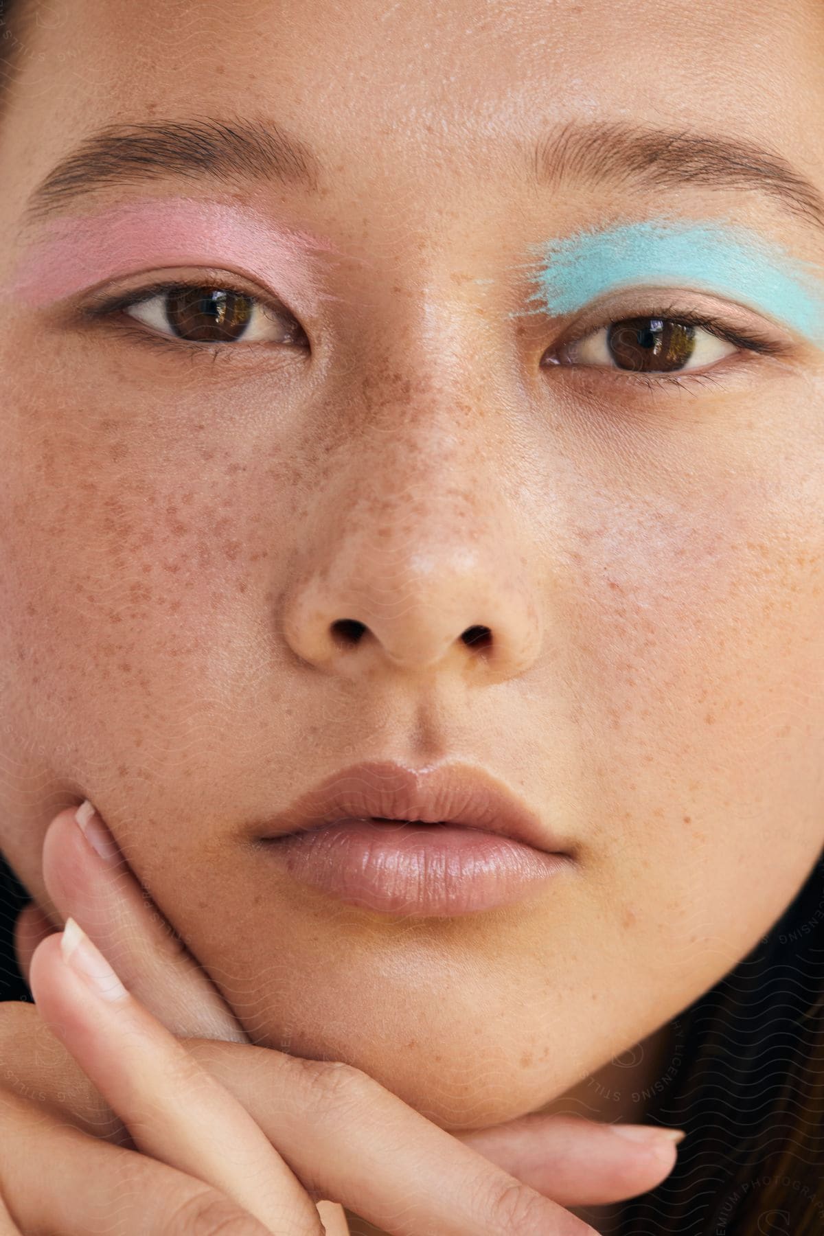 A young Asian woman with freckles has two different colors of eye shadow applied over each eye.
